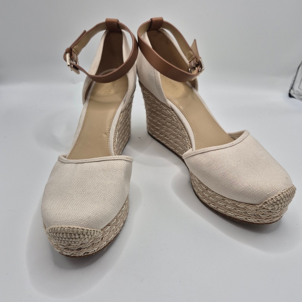 Michael Kors Canvas Espadrille Wedge Sandals Cream Brown Ankle Strap 9.5M SH20K